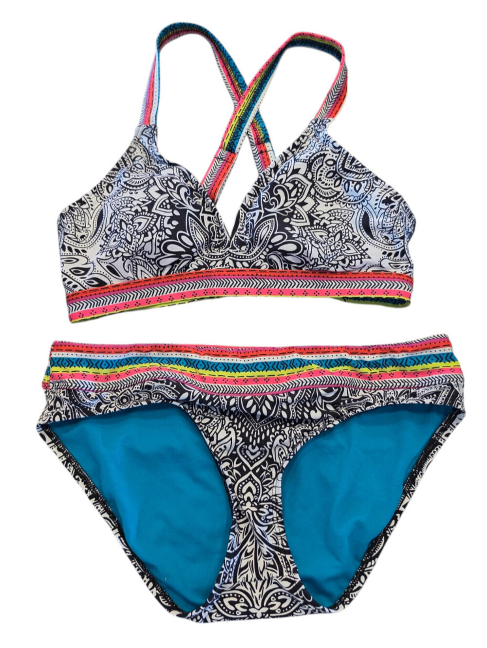 Title Nine Womens Sz M Bikini Swimsuit Set Black White Rainbow Stripe